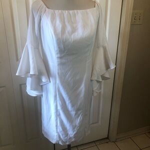 VENUS White Off-Shoulder Layered Bell Sleeve Mini Dress
